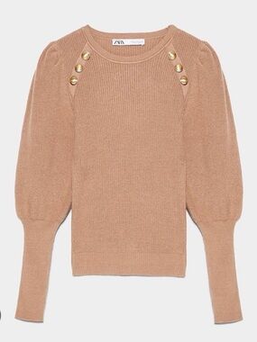 Zara Puff-Sleeve Crewneck Sweater - Blush Pink with Gold Buttons